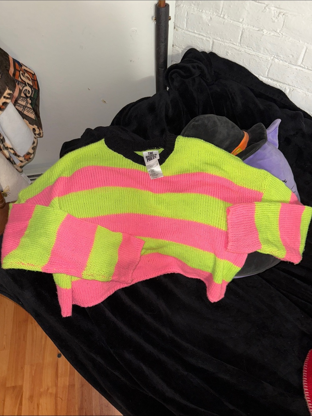 The Ragged Priest Neon Pink & Lime Striped V-Neck Sweater